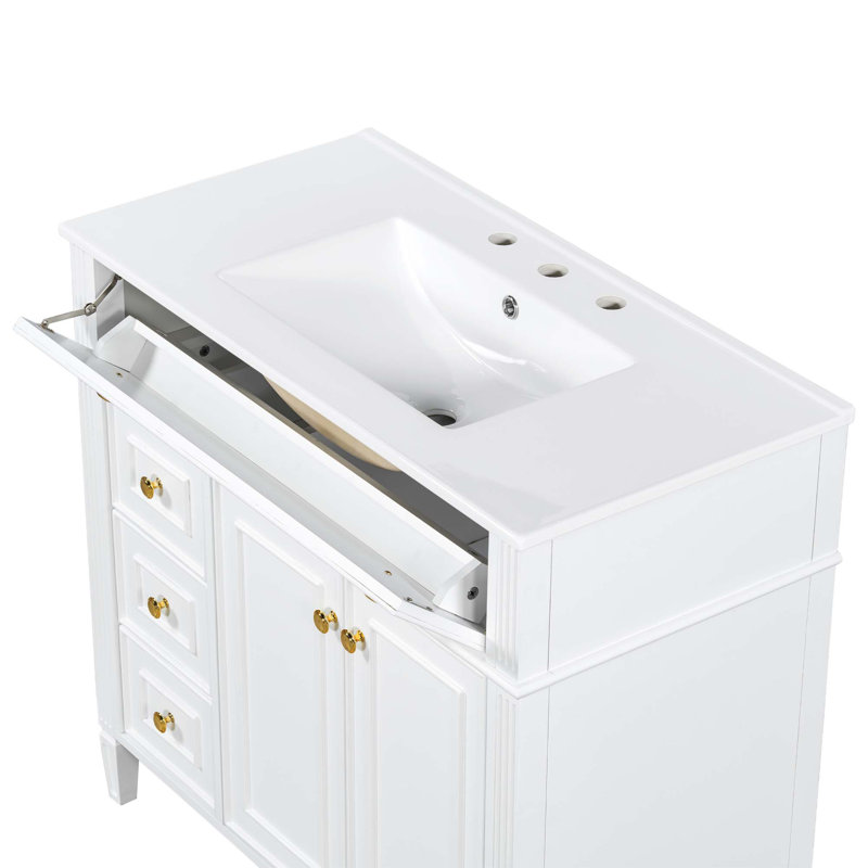 Meuble-lavabo moderne avec rangement à fermeture douce et quincaillerie dorée, Blanc