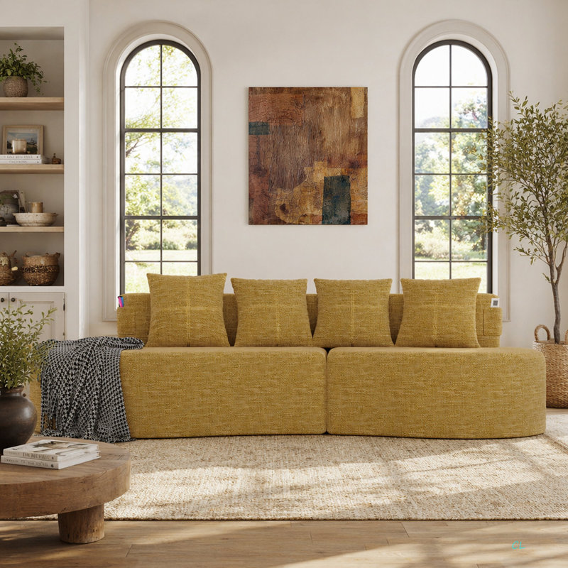 Canapé modulaire incurvé moderne 3 places, Mustard yellow Chenille, Mustard yellow
