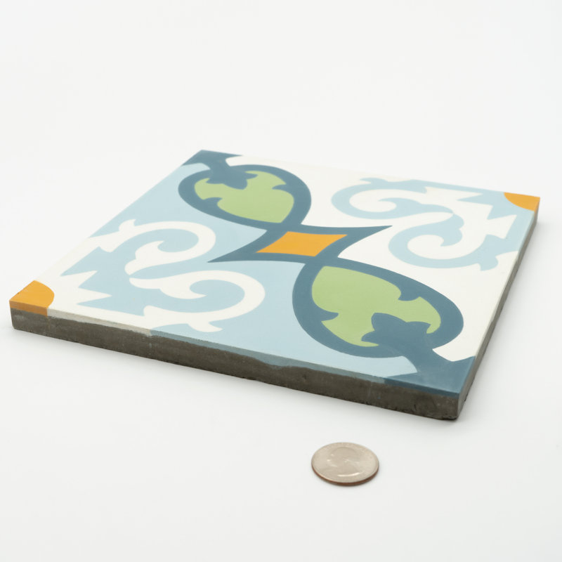 Agadir 8" x 8" Cement Patterned Wall & Floor Tile, Green/Orange/Blue