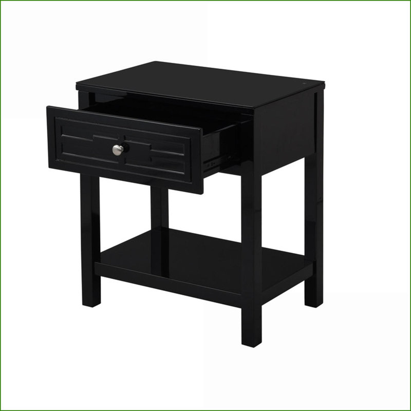 Table de chevet en bois noire 23 po avec plateau en verre Dylan Tiroir, Noir