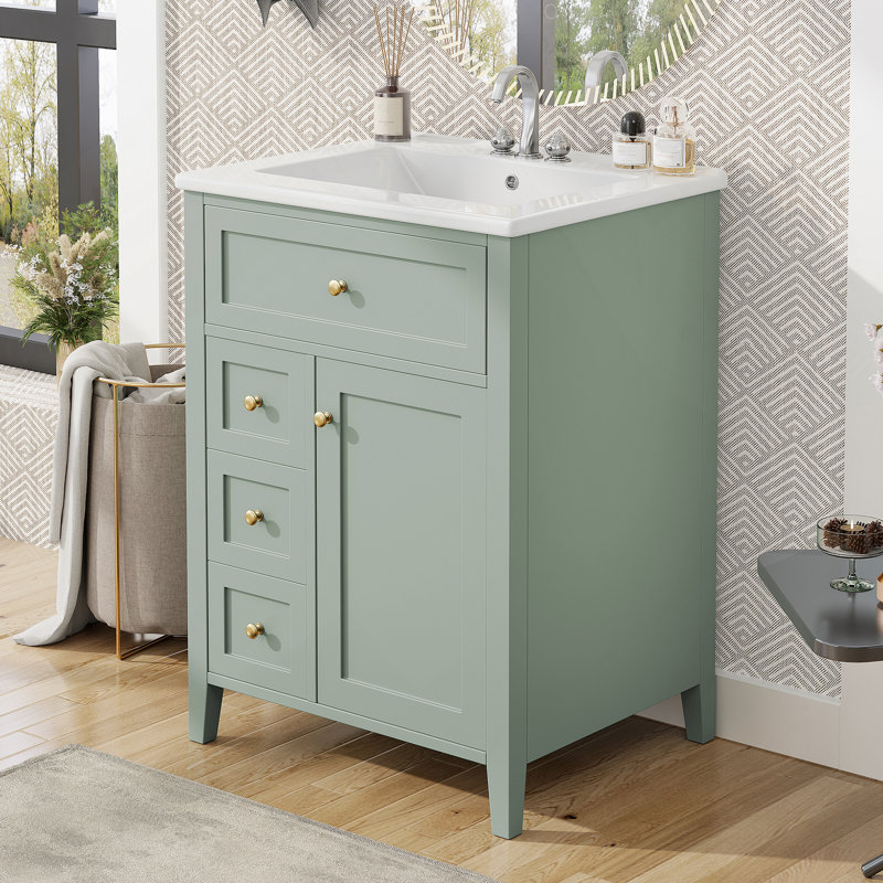 24 meubles de salle de bain avec lavabo, panneau de fibres à densité moyenne et bois d'hévéa, 3 tiroirs et armoire avec tablettes réglables, conception moderne pour les petites et moyennes salles de bain