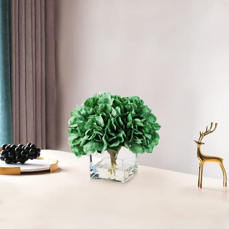 Faux Silk Hydrangea Arrangement in Vase, Green