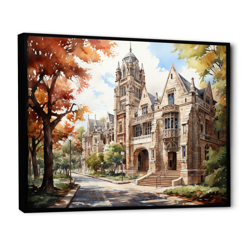 Édifices de l'Université Makarius College, reproduction sur toile, 30" H x 40" W, Cadre flottant noir