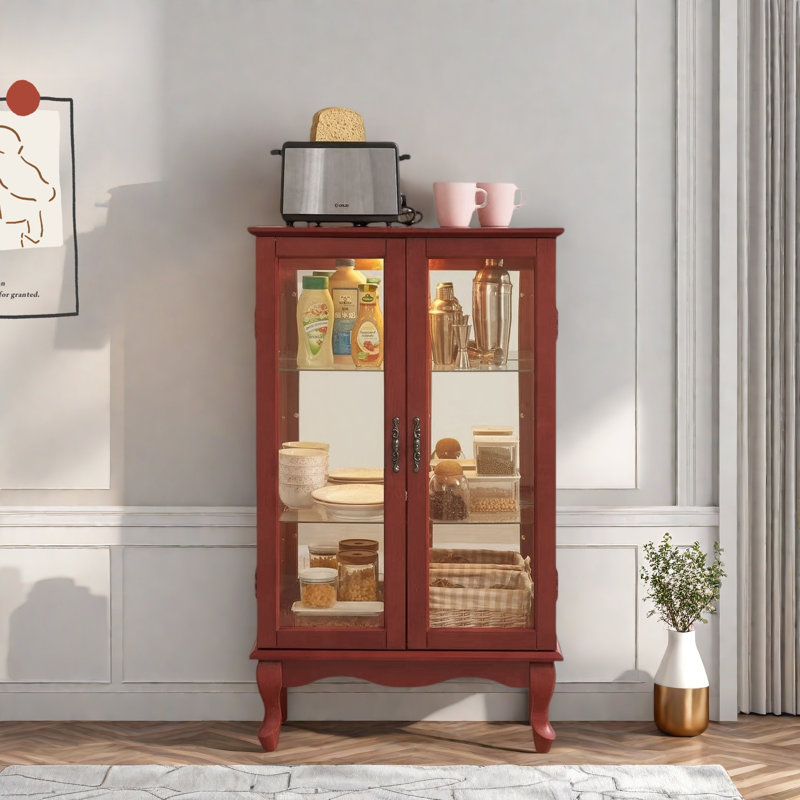 Curio Cabinet With 2 Tempered Glass Doors, Adjustable Shelves And Led Light, Cherry
