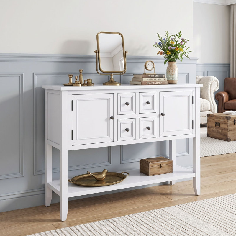 Console avec tiroirs, armoires et tablette inférieure, Blanc
