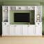 Meuble télé mural élégant pour téléviseurs de 75 pouces, blanc, avec étagères ajustables et grand espace de rangement. Console de télévision avec pont supérieur.
