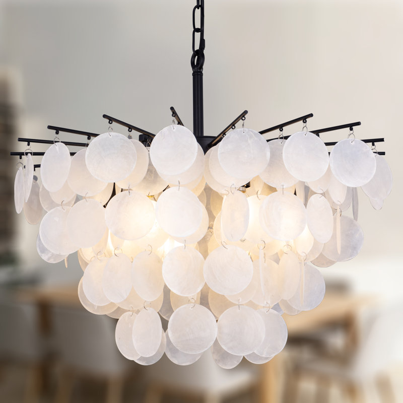 6 Light Modern Coastal Light Fixture Capiz Shell Chandelier, Black