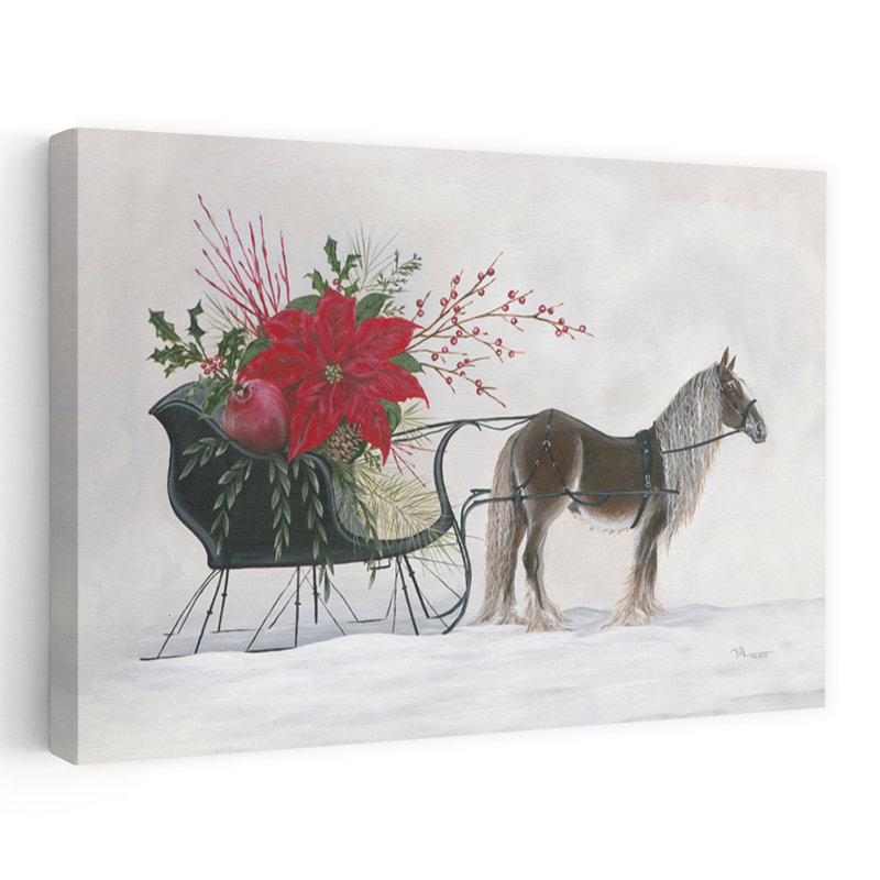 «One Horse Open Sleigh Abstract Contemporary Poinsettia Winter Flower Art», H 32 po x l 48 po