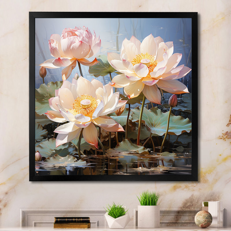" White Yellow Lotus Romantic Impression ", Black Picture Framed, 16" H x 16" W x 1" D