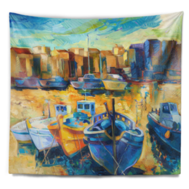 Tapisserie de quai et bateaux de paysage marin, H 50 po x l 60 po