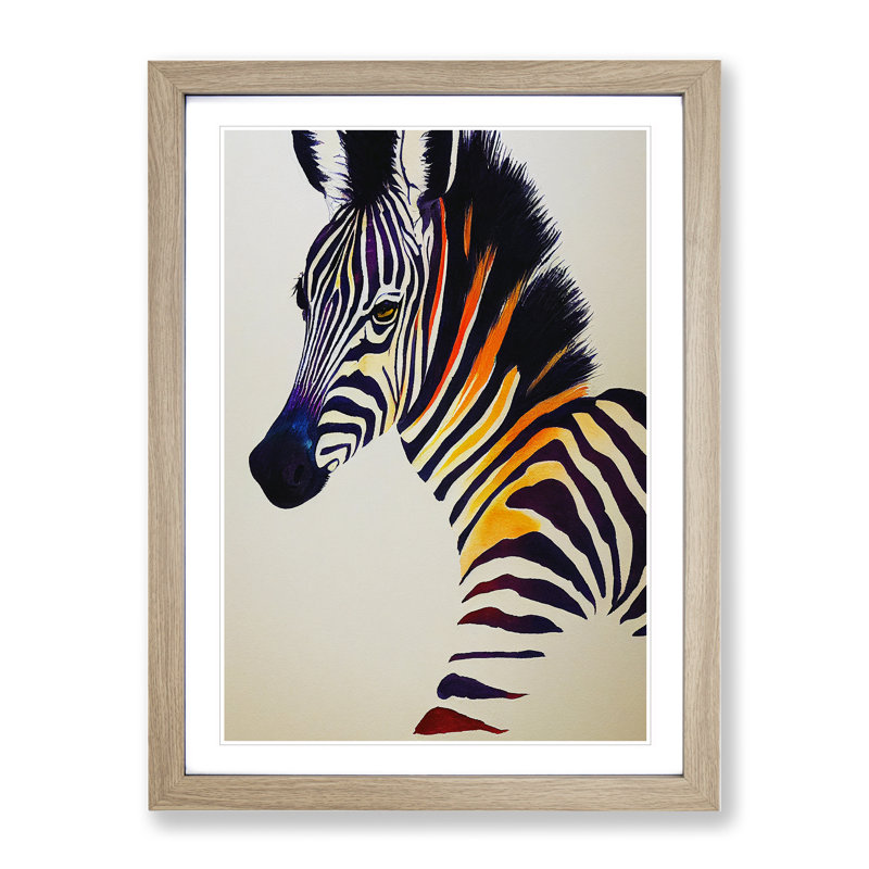 Colourful Zebra - Single Picture Frame Print, 34cm H x 25cm W x 2cm D, Oak