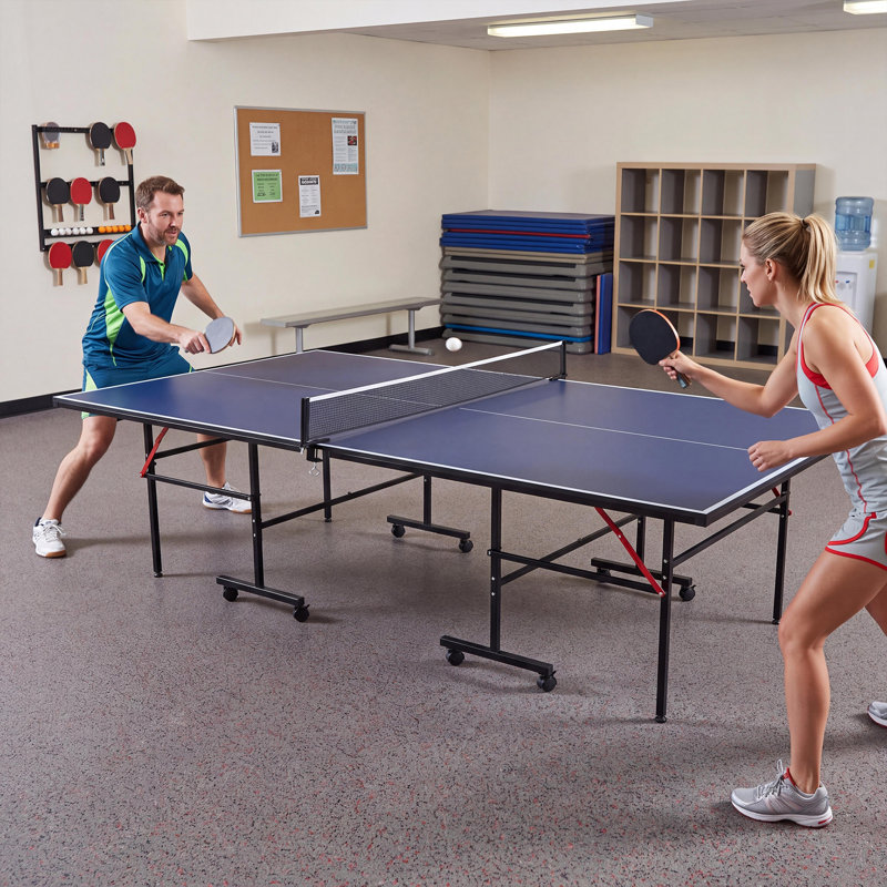 9ft Portable Table Tennis Table Set for Indoor/Outdoor Play - Folding Ping Pong Game Table with Wheels - Easy Roll Storage - With Wheels - Blue