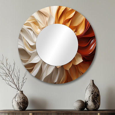 Sunlit spirale - grand miroir abstrait en spirale, décor de miroir mural rond beige unique, art imprimé en métal