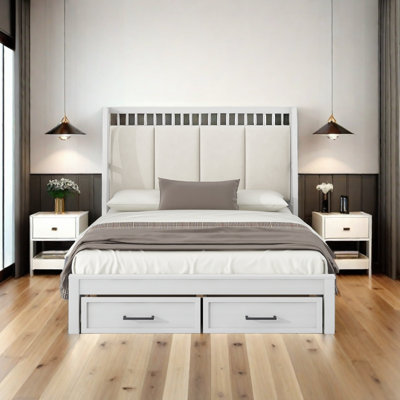 Queen Size Wood Platform Bed With Upholstered Headboard And 2 Drawers, Antique White -  Lark Manorâ¢, 58D93E439BF4488FAD071945DDC731EA