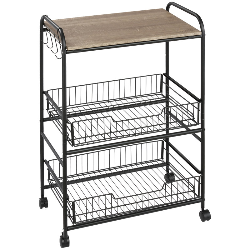 3-Tier Rolling Kitchen Cart, Utility Storage Trolley With 2 Basket Drawers, Side Hooks For Dining Room, Oak