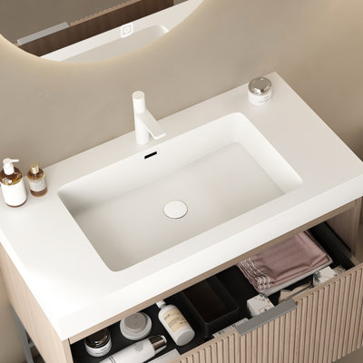 Rectangular Undermount Basin 36" Bathroom - White Solid Surface, Modern & Scandinavian Style, Scratch-, Wear-, Easy To Clean, Faucet Hole And Overflow, Sink Cover Expandable Drain Pipe Included,
