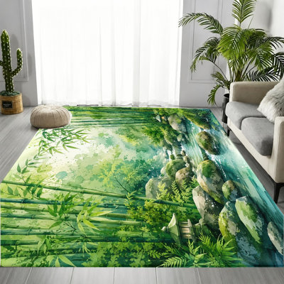 Tapis Bamboo Forest Waterfall, aquarelle vibrante, tapis antidérapant, décoration intérieure pour le salon, la chambre à coucher, la salle à manger, le bureau, la salle de jeux