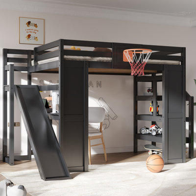 Full Size Wooden Loft Bed with Built-In Desk, Slide, Basketball Hoop & Staircase – Kids Play Bed, Black