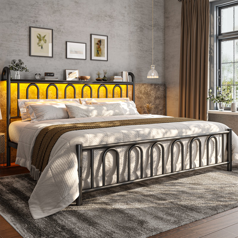 Metal Platform Bed Frame With Storage Headboard And Led Light, King, Black