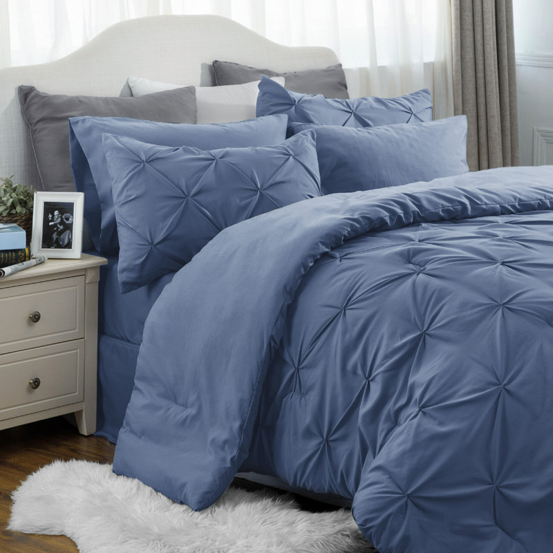 Bedsure Twin/Twin-XL Burgundy Pintuck Bed-in-a-Bag - Slate Blue Pinch Pleat Comforter Set with Sheets, Pillowcases & Shams for Dorm Room(Set of 5)