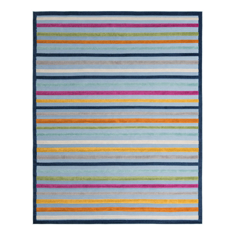 Tapis intérieur / extérieur en polyester tissé à la machine à rayures bleu / mauve / vert / rouille, Rectangle 9 pi x 12 pi