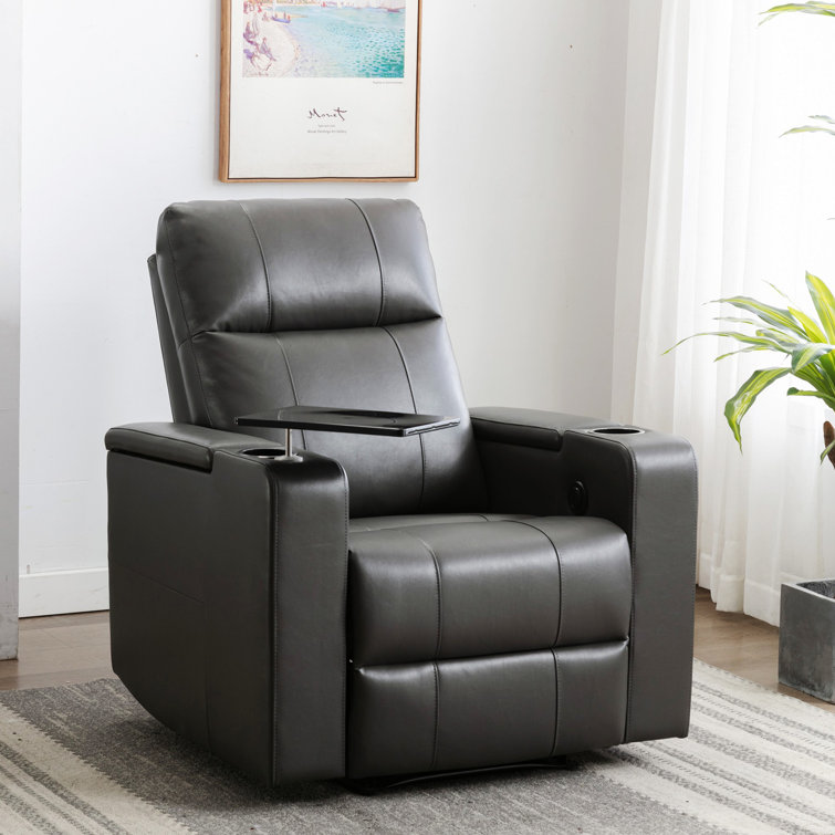 Ryun 33.1'' Wide Contemporary Breathable Leather Power Recliner with Arm Table and Cup holder