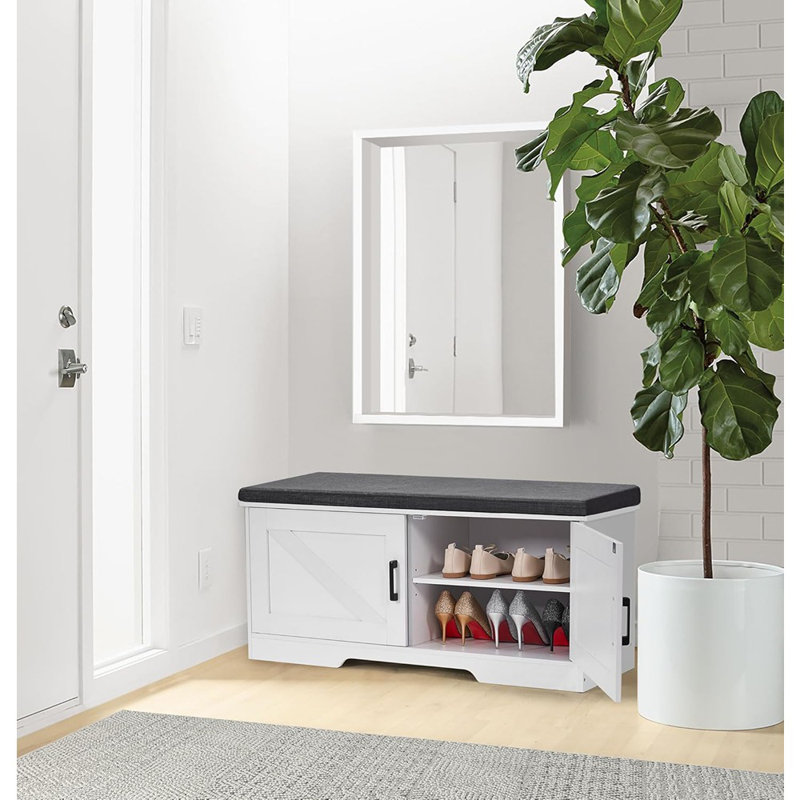Gracie Oaks 2 Tier Shoe Storage Bench With Padded Seat Cushion, Entryway Bench With 2 Barn Doors, White, Adjustable Shelf, 13.8" D X 39.4" W X 17.7" H