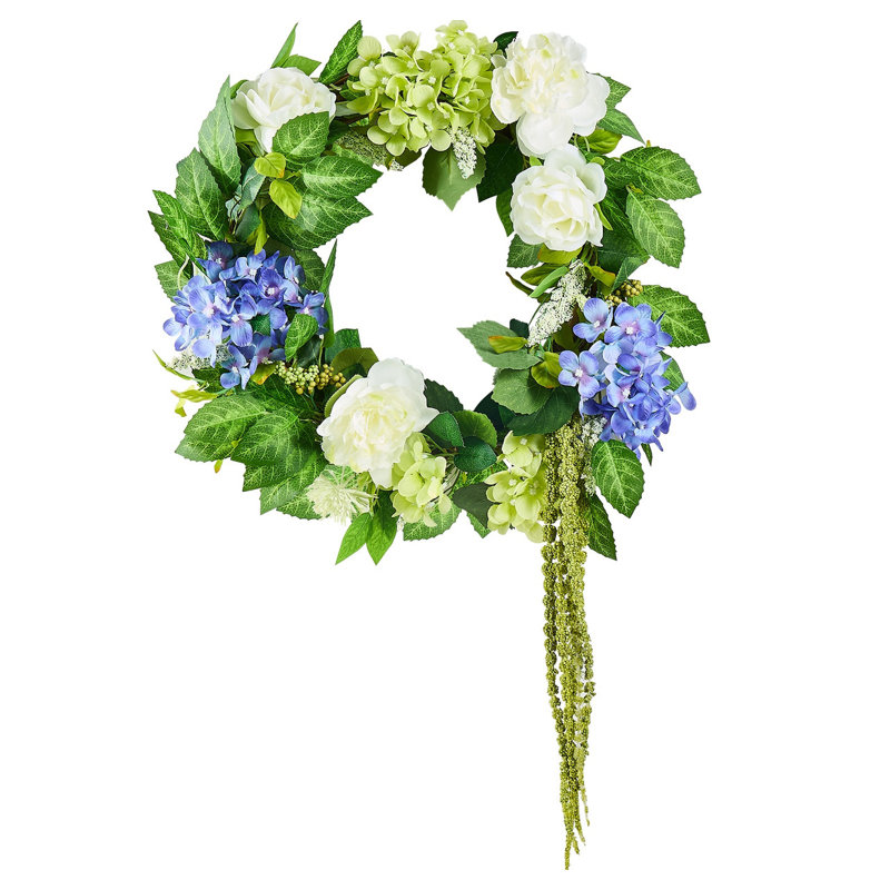 Couronne artificielle décorative 23 hortensias bleus, verts et verts toute l'année