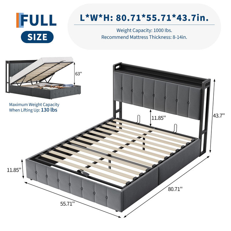 Full Size Button Tufted Velvet Storage Bed Frame with Gas Lift Platform, Headboard with Display Shelf and Hidden Under-Bed Compartment, Wood Slat Support Base