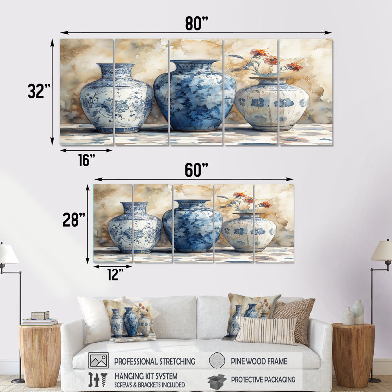 «Blue Stately Vases II - Morocco Pottery», ensemble d'art sur toile, H 28 po x l 60 po