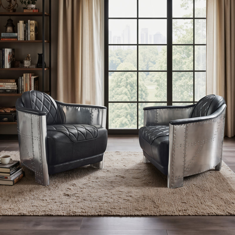 Tufted Genuine Top Grain Leather Armchair, Black