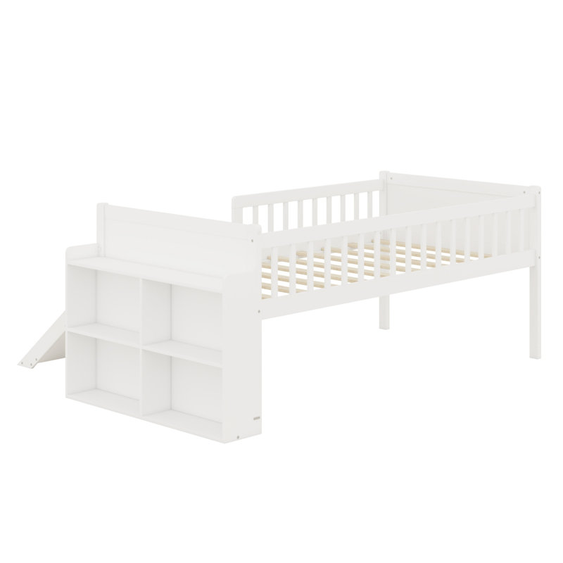 Structure de lit avec tablette de rangement, glissoire, échelle et garde-corps de protection, Blanc