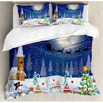 Christmas Winter Snowman Xmas Tree Santa Sleigh Church Moon Gifts Snow Stars Duvet Cover Set -  Ambesonne, nev_20070_king