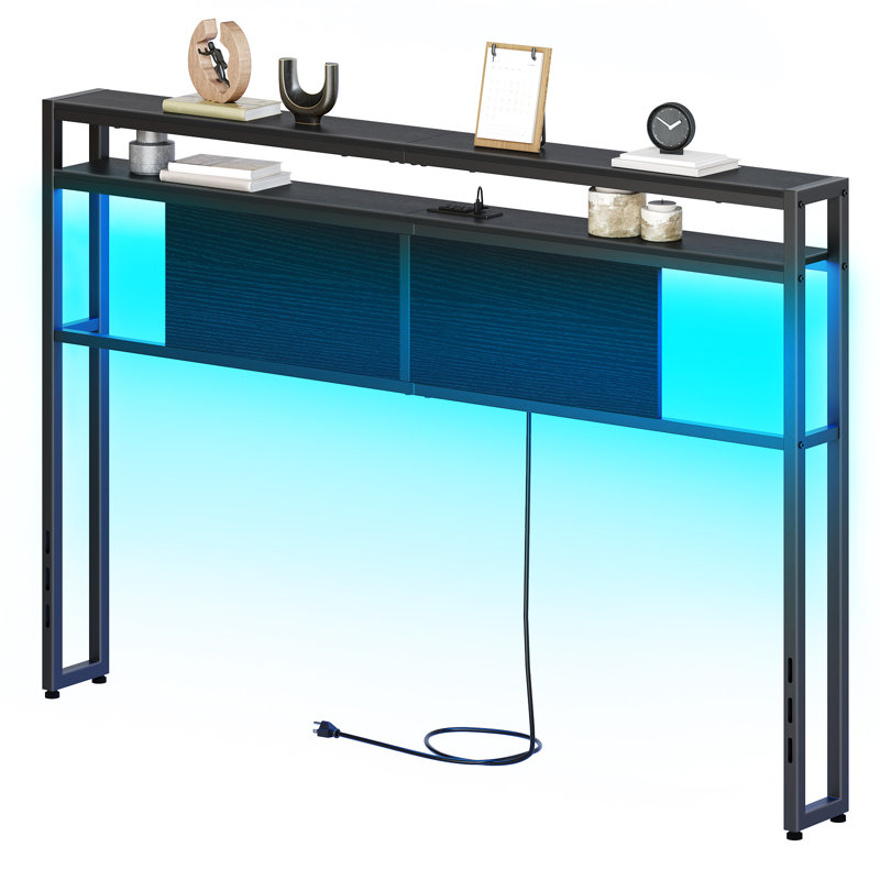 Lutske 60"W×40"H Storage Headboard with  LED Light and Charging Station, Height Adjustable, Queen, Black
