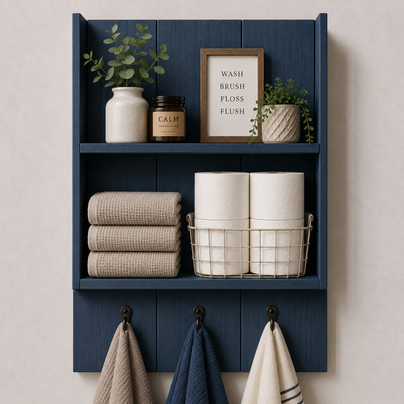 Étagère de salle de bain avec crochets Burkstone | Organisateur de rangement mural rustique | Bleu marine, Marine