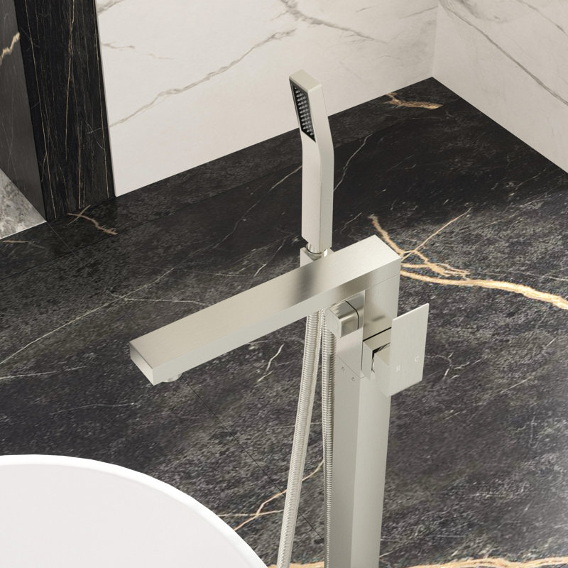 Floor Mounted Tub Filler Faucet Brushed Nickel, Solid Brass, Precision Water Control Valves, 360 + 90 Spout Rotation, - Clog Nozzle Nickel With Hand Shower, Smooth Dual Temperature Regulation,