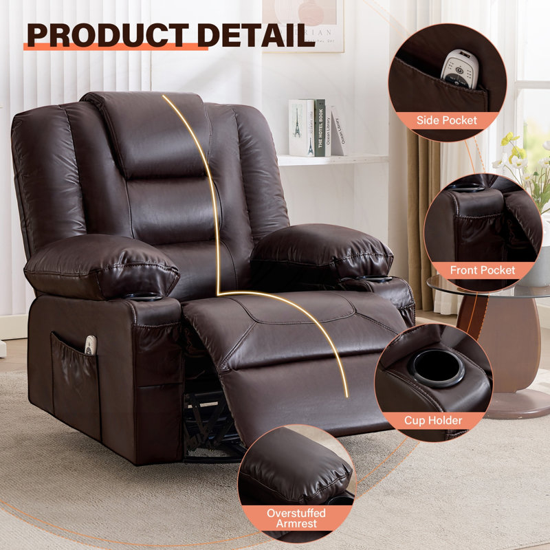 Fauteuil inclinable surdimensionné avec fauteuil massant, chauffant et port USB, Cuir brun, Brun