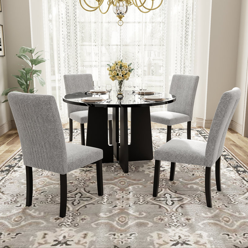 Ensemble de salle à manger rond 5 pièces classique 43,3 x 43,3 x 29,8 pouces en faux marbre et bois d'hévéa, gris et noir avec plateau de table effet marbre