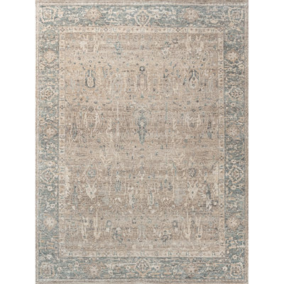 High-Quality Hand-Knotted Taupe And Teal Area Rug