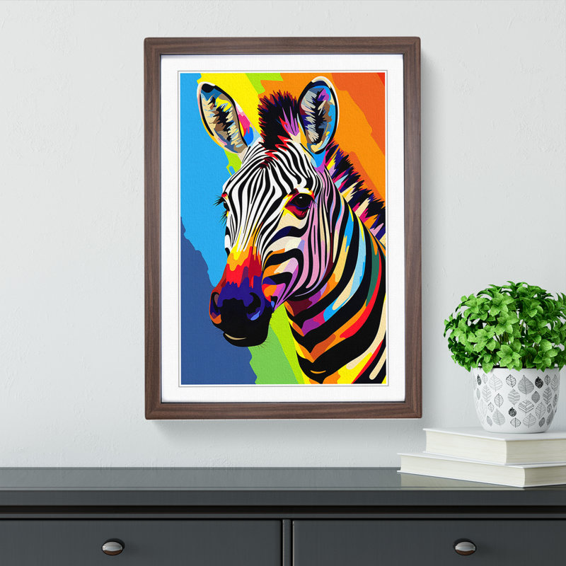 XYZ-FRM-V1223-1743 Zebra Pop - Single Picture Frame Print on Wood, 64cm H x 46cm W x 2cm D, Walnut