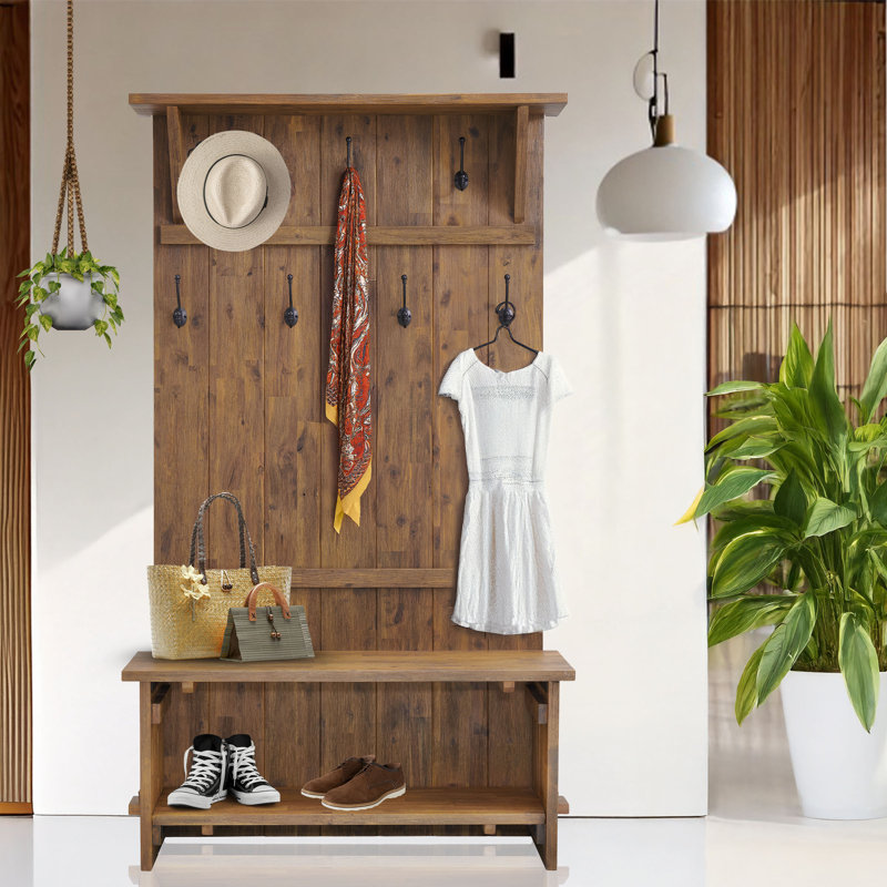 Bethel Bethel Acacia Wood Hall Tree, 70-Inch, Natural Aged Brown, Large Entryway Bench with Storage Shelves and Metal Coat Hooks, Perfect for Mudroom, Kitchen, or Hallway