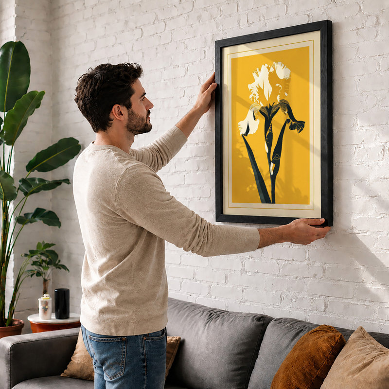 Iris in Gold Botanical - Framed Print, A1 - 84.1 x 59.4 cm, Oak