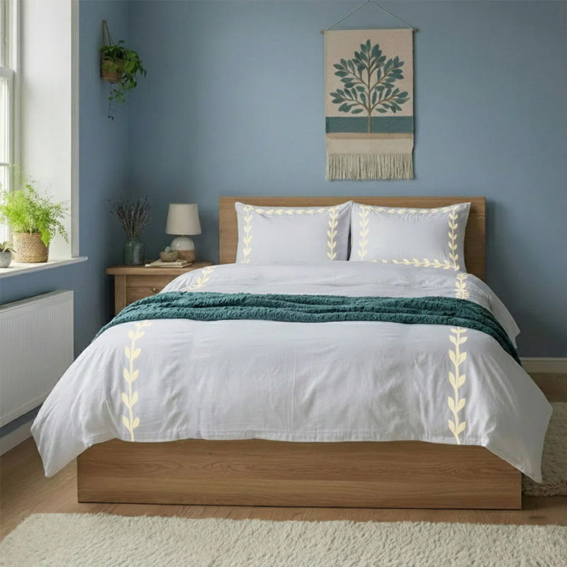 Layered Leaf Applique Cotton Duvet Cover Set, King/Cal-King Duvet Cover, White/Ivory
