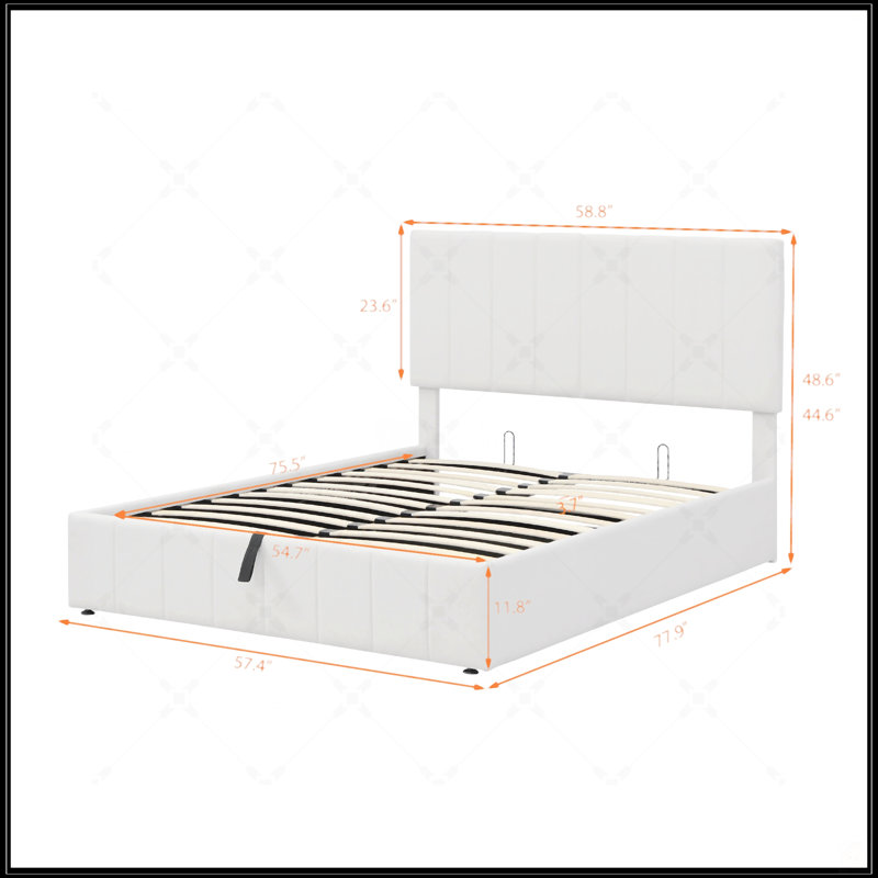 Lit plateforme tapissier double avec système de rangement hydraulique - Blanc, Blanc