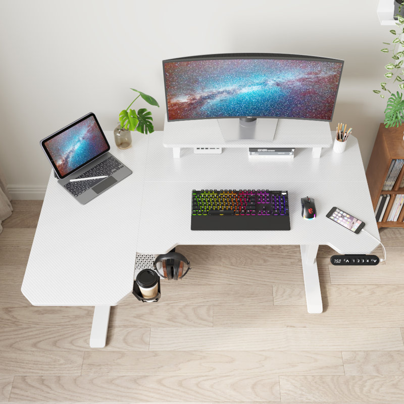 Bureau debout à hauteur réglable de 59 po en L avec tablettes, Chêne / Blanc