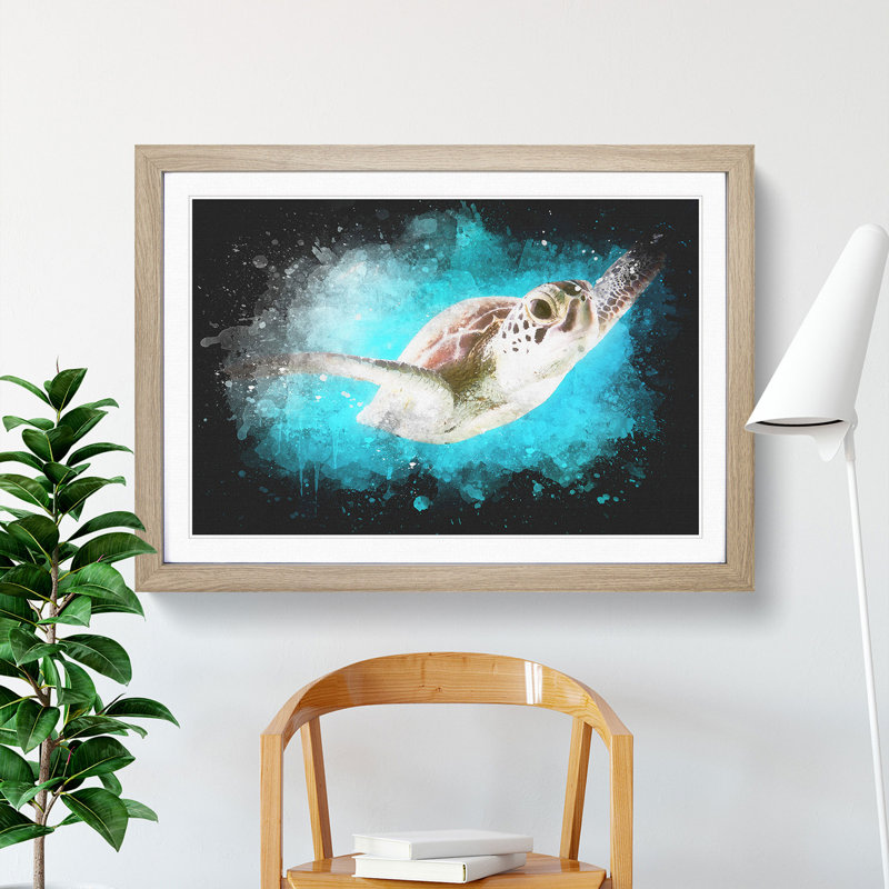 Green Turtle - Picture Frame Graphic Art Print, Oak Framed, 45cm H x 63cm W x 2cm D