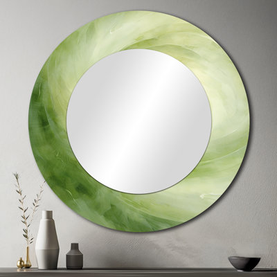«Green Serene Spiral Dreams» - miroir décoratif à spirales abstraites, grand miroir mural rond vert, impression sur métal
