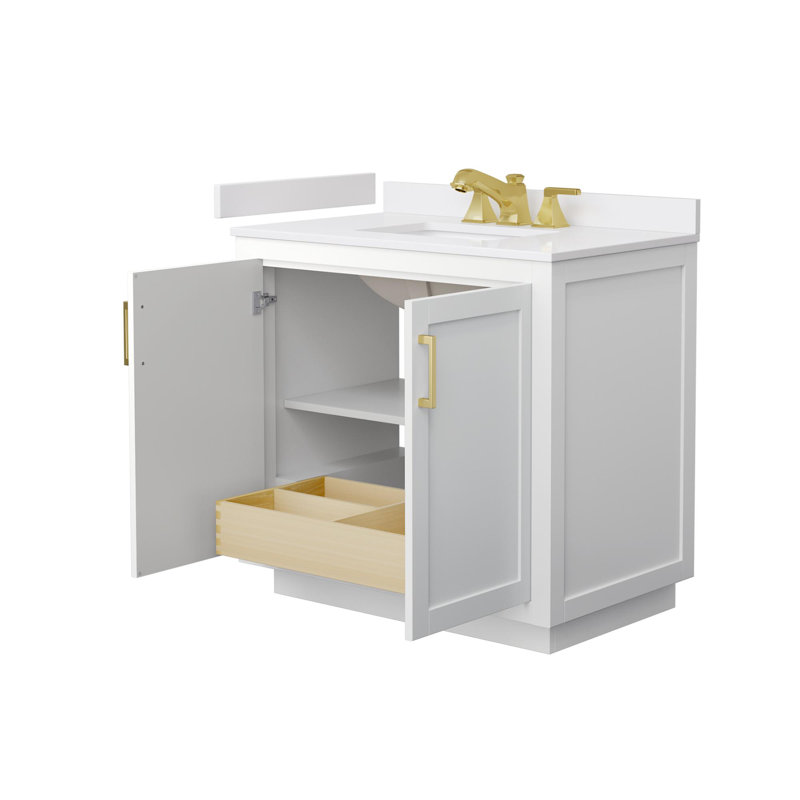 Ensemble de meuble-lavabo simple 36 po avec plateau en marbre de culture Miranda, Blanc, Or brossé