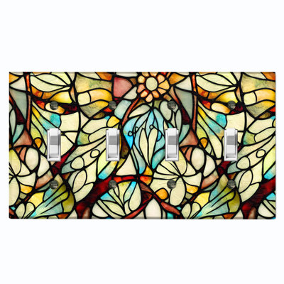 Metal Light Switch Plate Outlet Cover (Yellow Glass Tile Flower Print - Quadruple Toggle)