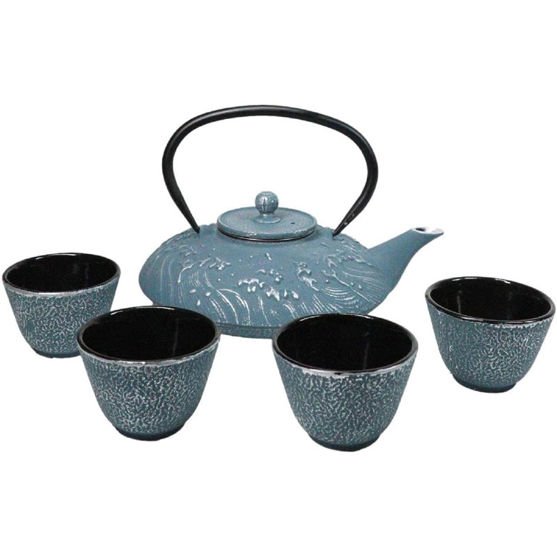 Ensemble de théière en fonte 27 oz avec 4 tasses Royal Blue Ocean Sea Waves Tetsubin